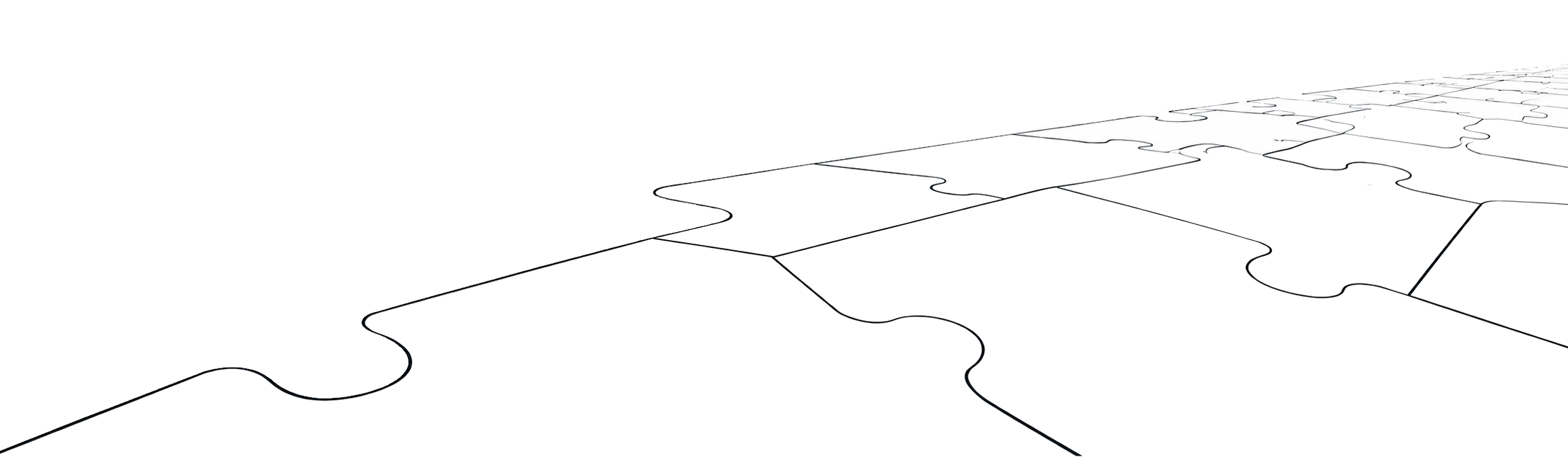 A field of schematic puzzle shapes receding toward the horizon